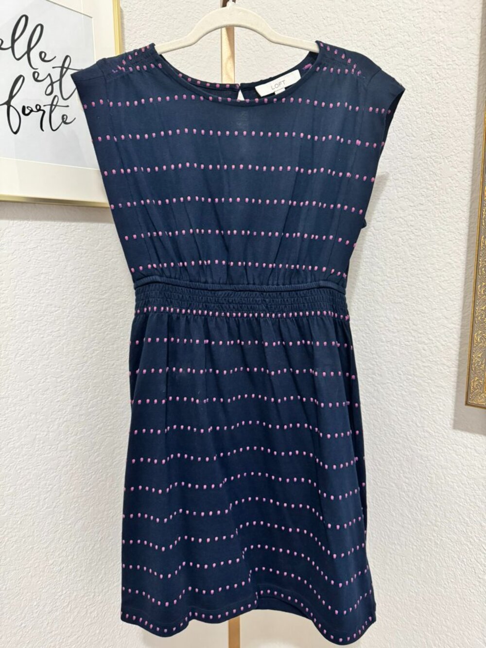 LOFT Navy Blue & Pink Stripe Dot Dress | Small | Cap Sleeve